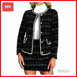 Plaid Tweed Blazer and Mini Skirt Set, Long Sleeve Button Front Outfit